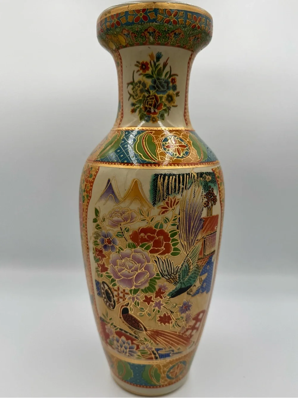 Large Vintage Vase Made in China Asian Bird Flowers Gold Moriage Beautiful